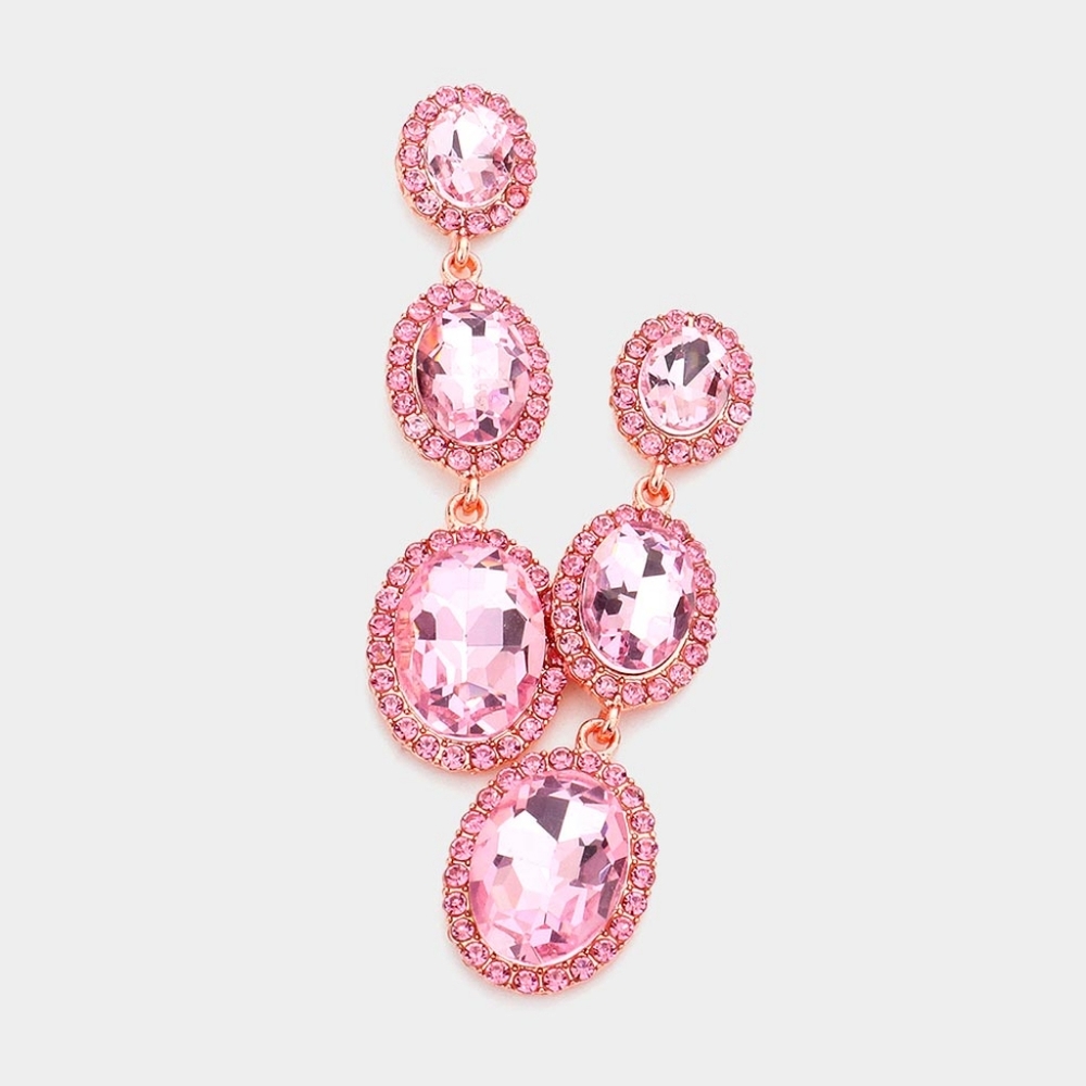 Pink Dangle Crystal Earrings 2.6 Inch Triple Oval Stone Drop Down Jewelry